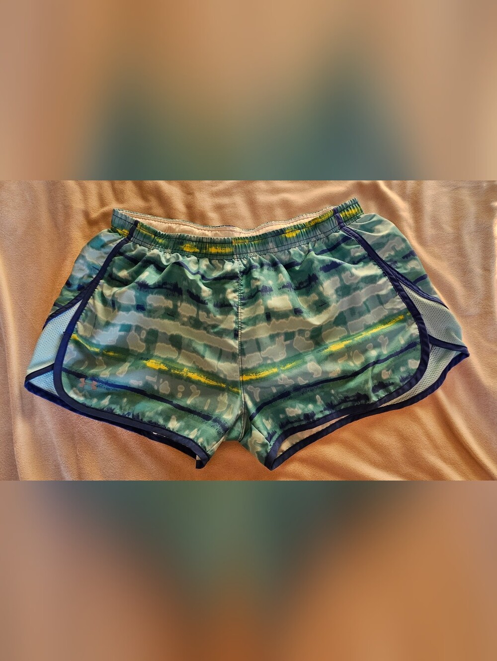 Under Armour Blue/Green Patterned Athletic Shorts with Navy Trim